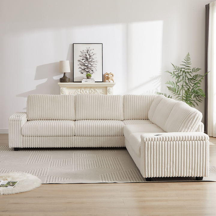 Buy farmhouse furniture Oversized Corduroy L-Shaped Corner Sofa with Storage, USB &amp; Cup Holder - Modern Cottage Farmhouse Furniture