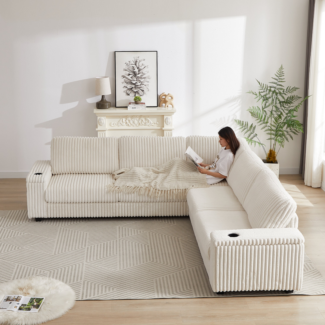 Buy farmhouse furniture Oversized Corduroy L-Shaped Corner Sofa with Storage, USB &amp; Cup Holder - Modern Cottage Farmhouse Furniture