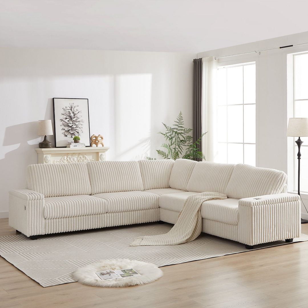 Buy farmhouse furniture Oversized Corduroy L-Shaped Corner Sofa with Storage, USB &amp; Cup Holder - Modern Cottage Farmhouse Furniture