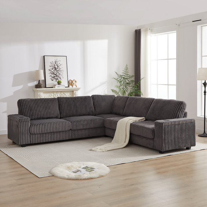 Buy farmhouse furniture Oversized Corduroy L-Shaped Corner Sofa with Storage, USB &amp; Cup Holder - Modern Cottage Farmhouse Furniture