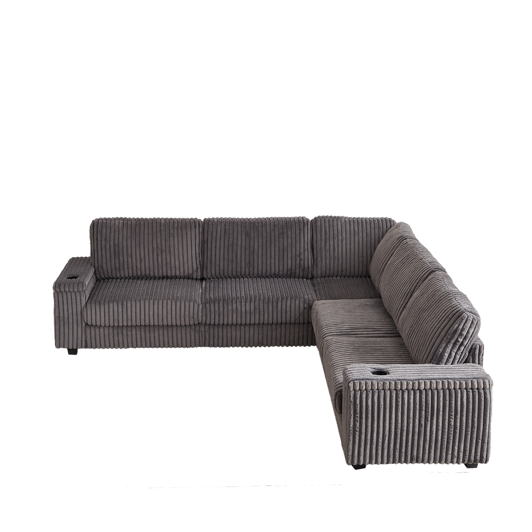 Buy farmhouse furniture Oversized Corduroy L-Shaped Corner Sofa with Storage, USB &amp; Cup Holder - Modern Cottage Farmhouse Furniture