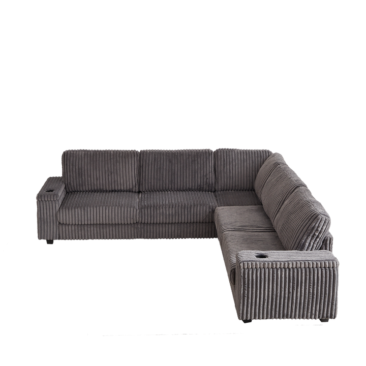 Buy farmhouse furniture Oversized Corduroy L-Shaped Corner Sofa with Storage, USB &amp; Cup Holder - Modern Cottage Farmhouse Furniture