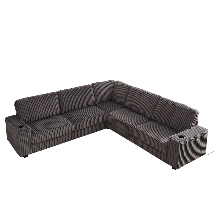 Buy farmhouse furniture Oversized Corduroy L-Shaped Corner Sofa with Storage, USB &amp; Cup Holder - Modern Cottage Farmhouse Furniture