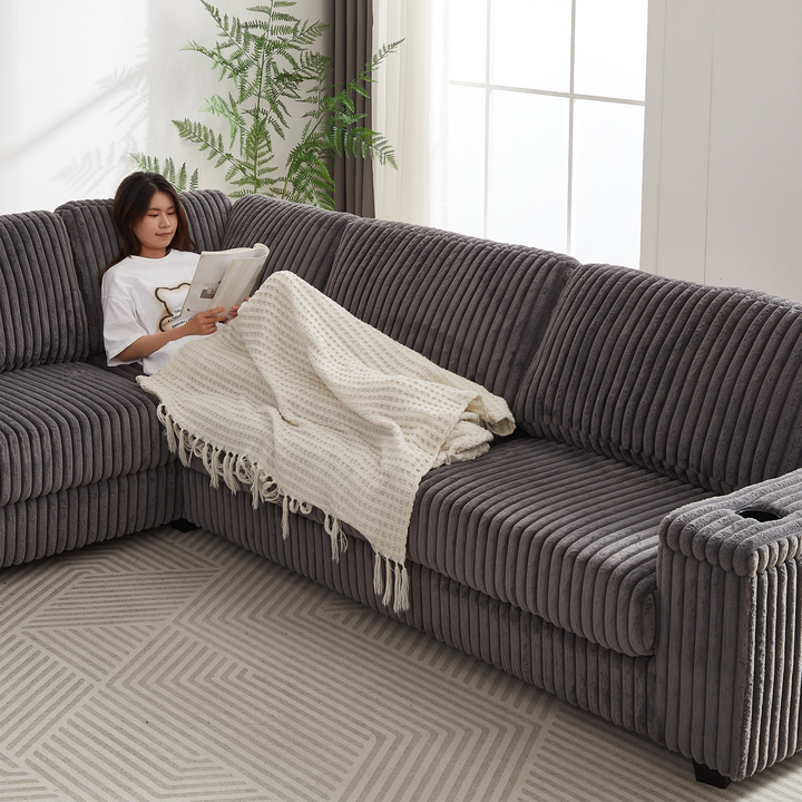 Buy farmhouse furniture Oversized Corduroy L-Shaped Corner Sofa with Storage, USB &amp; Cup Holder - Modern Cottage Farmhouse Furniture