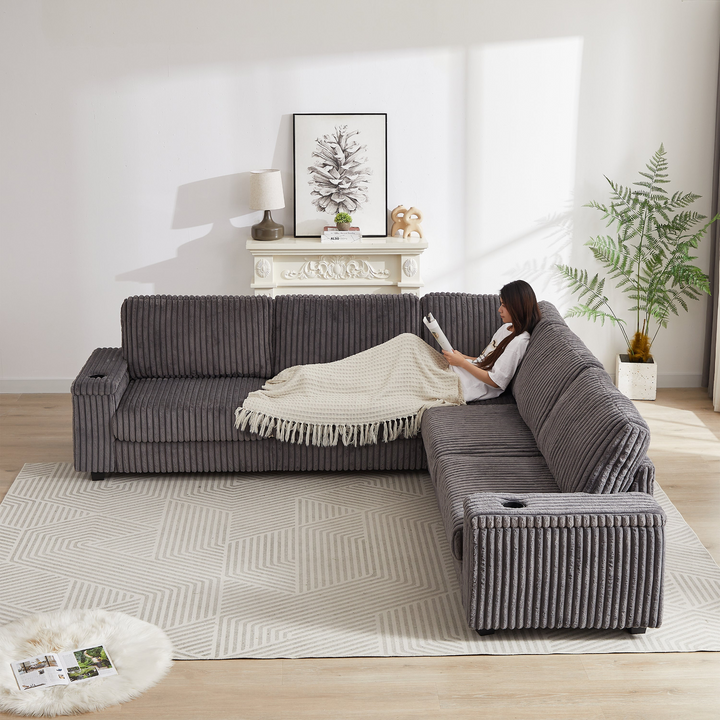 Buy farmhouse furniture Oversized Corduroy L-Shaped Corner Sofa with Storage, USB &amp; Cup Holder - Modern Cottage Farmhouse Furniture