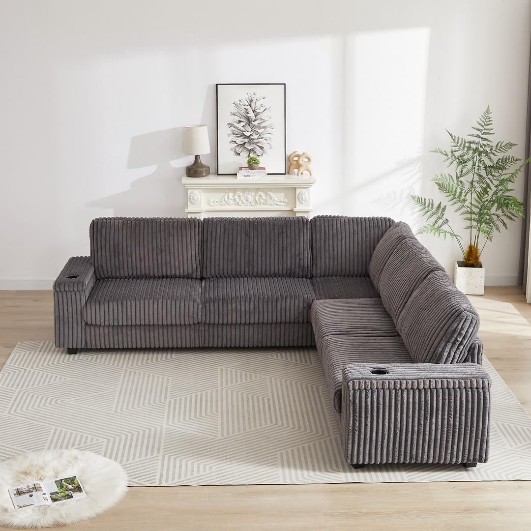Buy farmhouse furniture Oversized Corduroy L-Shaped Corner Sofa with Storage, USB &amp; Cup Holder - Modern Cottage Farmhouse Furniture