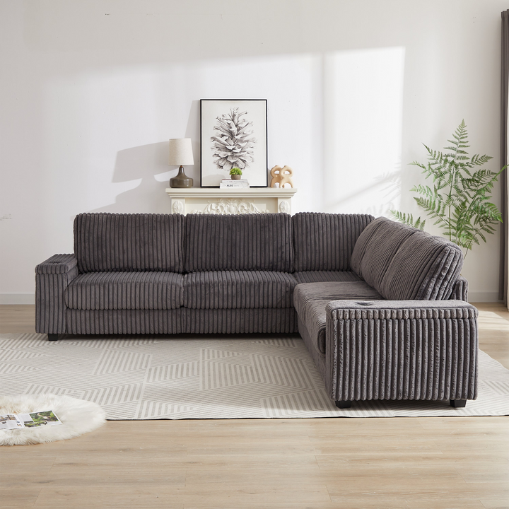 Buy farmhouse furniture Oversized Corduroy L-Shaped Corner Sofa with Storage, USB &amp; Cup Holder - Modern Cottage Farmhouse Furniture