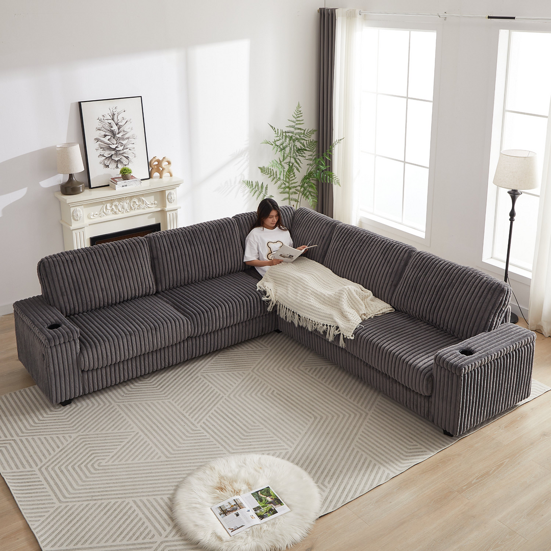 Buy farmhouse furniture Oversized Corduroy L-Shaped Corner Sofa with Storage, USB &amp; Cup Holder - Modern Cottage Farmhouse Furniture