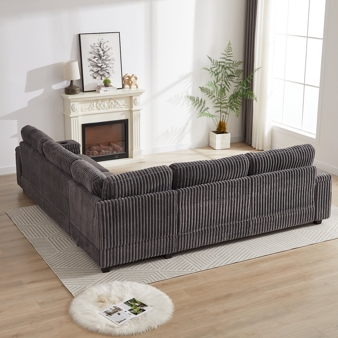 Buy farmhouse furniture Oversized Corduroy L-Shaped Corner Sofa with Storage, USB &amp; Cup Holder - Modern Cottage Farmhouse Furniture