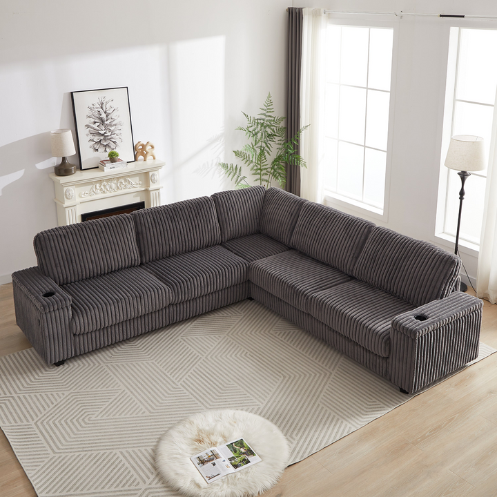 Buy farmhouse furniture Oversized Corduroy L-Shaped Corner Sofa with Storage, USB &amp; Cup Holder - Modern Cottage Farmhouse Furniture