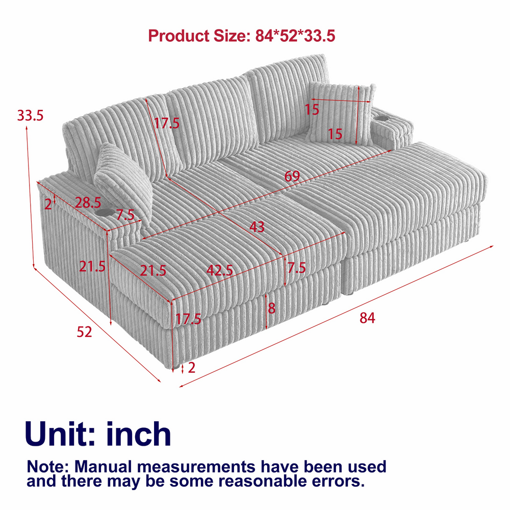 Buy farmhouse furniture Corduroy Comfy Deep-Seat Sofa with Ottoman, Storage and Cup-Holding Grooves - Modern Cottage Farmhouse Furniture