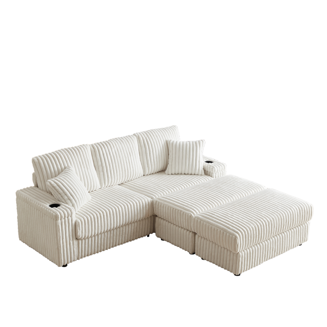 Buy farmhouse furniture Corduroy Comfy Deep-Seat Sofa with Ottoman, Storage and Cup-Holding Grooves - Modern Cottage Farmhouse Furniture