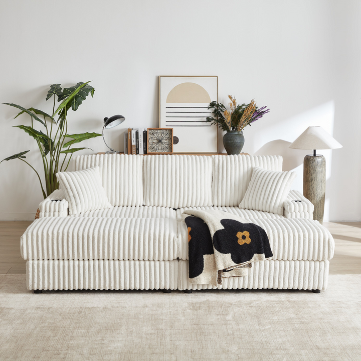 Buy farmhouse furniture Corduroy Comfy Deep-Seat Sofa with Ottoman, Storage and Cup-Holding Grooves - Modern Cottage Farmhouse Furniture