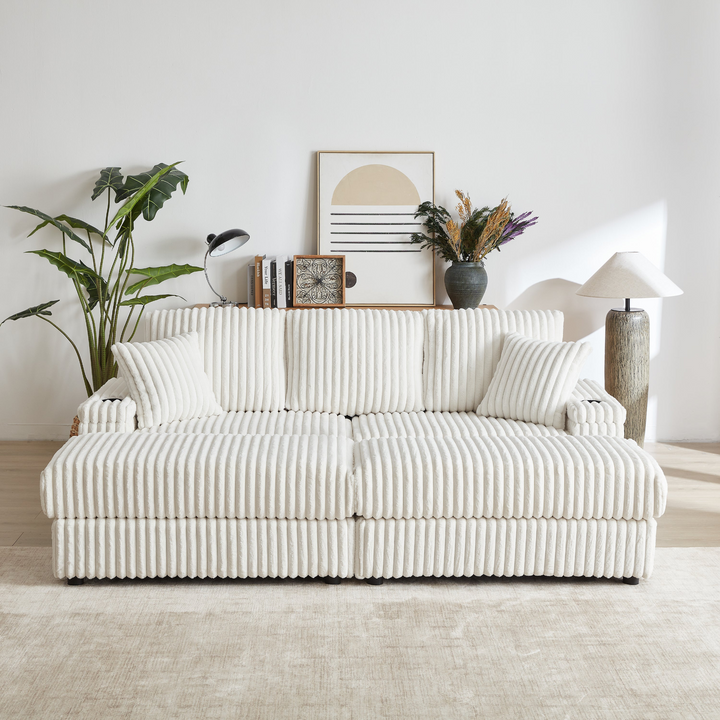 Buy farmhouse furniture Corduroy Comfy Deep-Seat Sofa with Ottoman, Storage and Cup-Holding Grooves - Modern Cottage Farmhouse Furniture