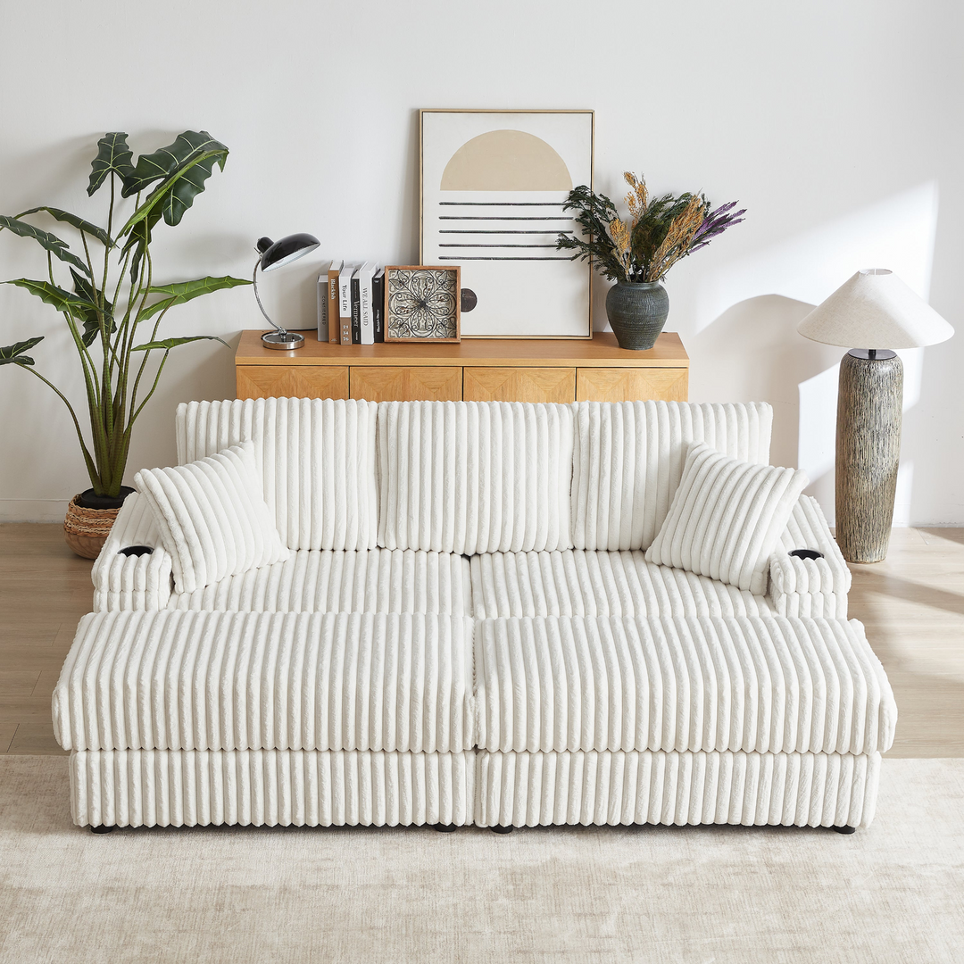 Buy farmhouse furniture Corduroy Comfy Deep-Seat Sofa with Ottoman, Storage and Cup-Holding Grooves - Modern Cottage Farmhouse Furniture