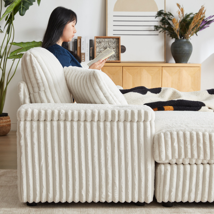 Buy farmhouse furniture Corduroy Comfy Deep-Seat Sofa with Ottoman, Storage and Cup-Holding Grooves - Modern Cottage Farmhouse Furniture