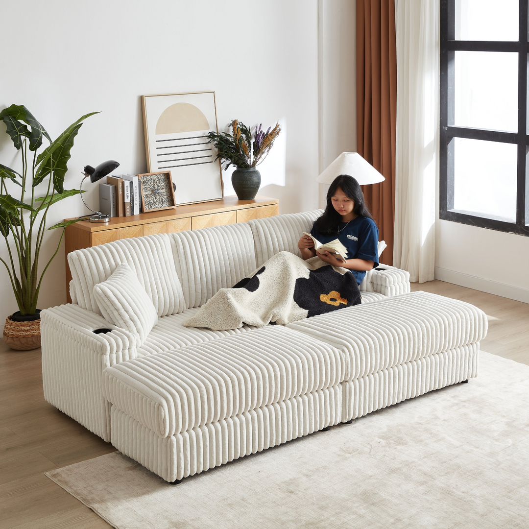 Buy farmhouse furniture Corduroy Comfy Deep-Seat Sofa with Ottoman, Storage and Cup-Holding Grooves - Modern Cottage Farmhouse Furniture