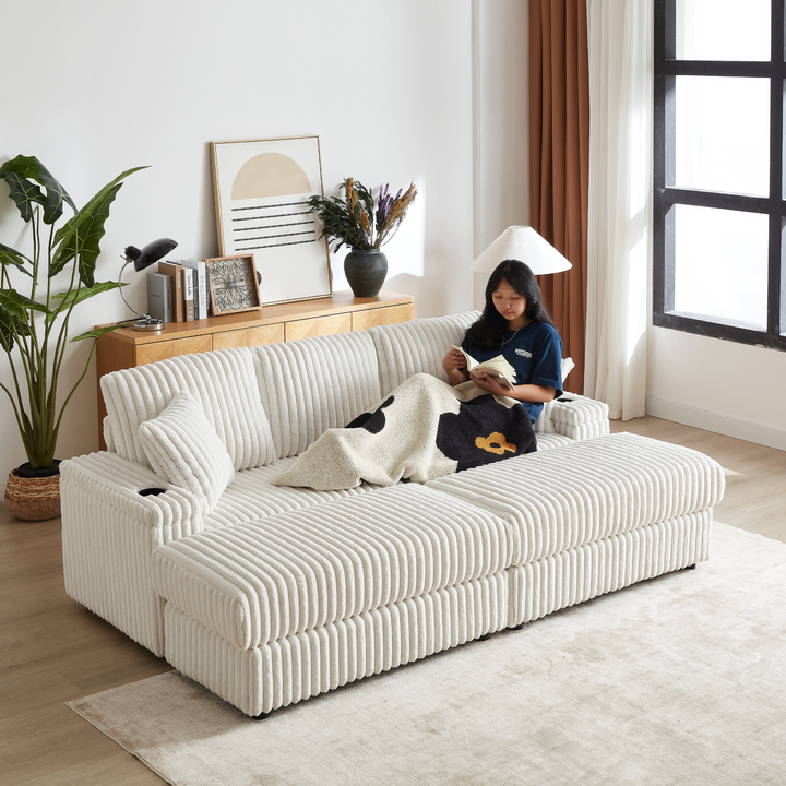Buy farmhouse furniture Corduroy Comfy Deep-Seat Sofa with Ottoman, Storage and Cup-Holding Grooves - Modern Cottage Farmhouse Furniture