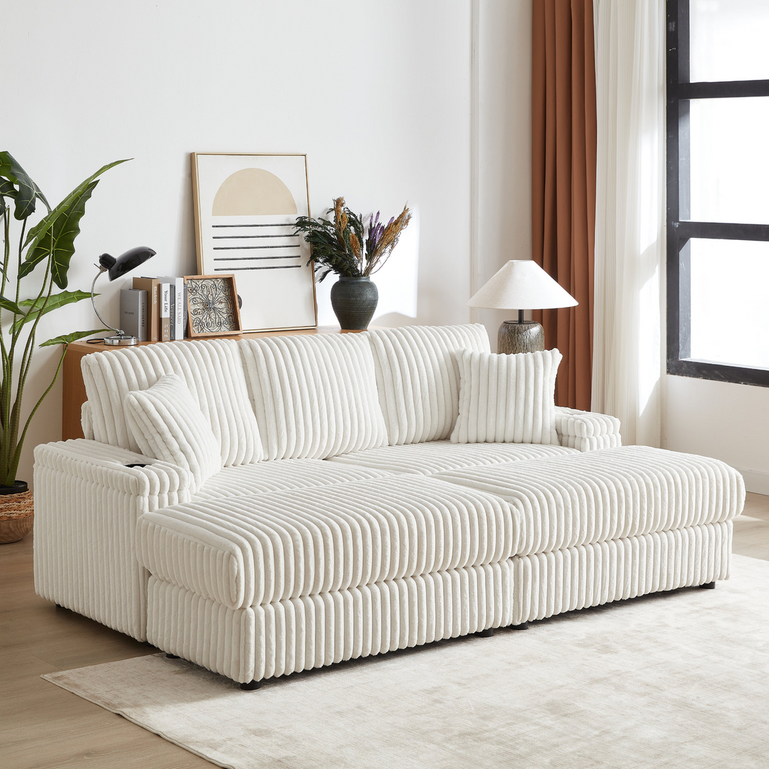 Buy farmhouse furniture Corduroy Comfy Deep-Seat Sofa with Ottoman, Storage and Cup-Holding Grooves - Modern Cottage Farmhouse Furniture