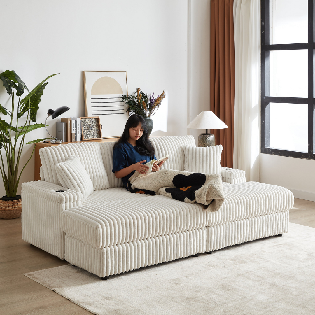 Buy farmhouse furniture Corduroy Comfy Deep-Seat Sofa with Ottoman, Storage and Cup-Holding Grooves - Modern Cottage Farmhouse Furniture