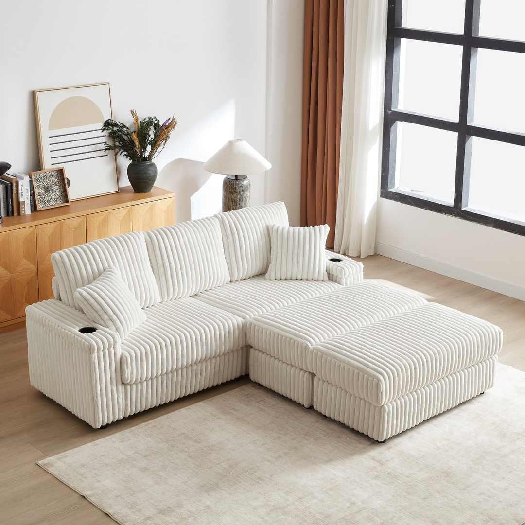 Buy farmhouse furniture Corduroy Comfy Deep-Seat Sofa with Ottoman, Storage and Cup-Holding Grooves - Modern Cottage Farmhouse Furniture