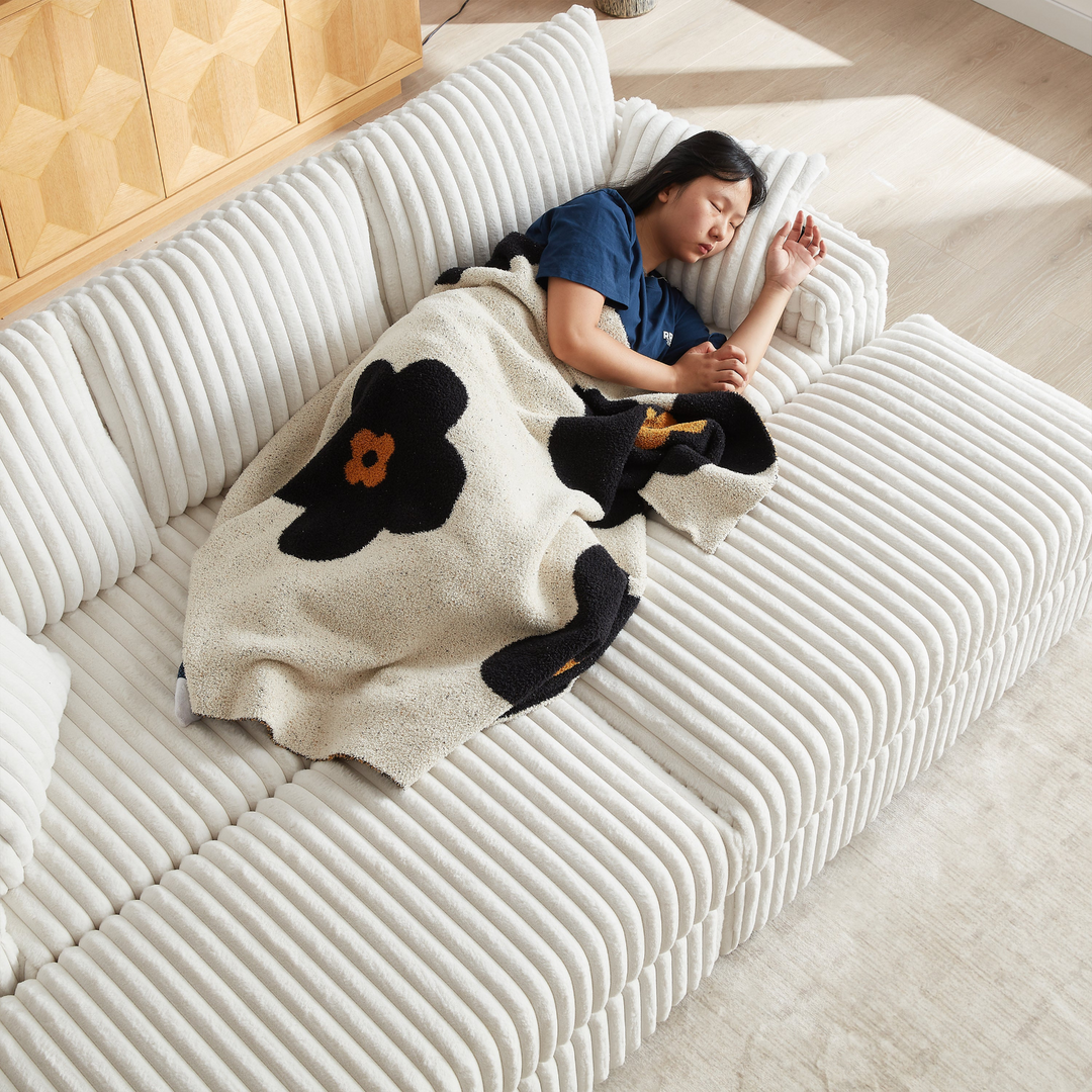 Buy farmhouse furniture Corduroy Comfy Deep-Seat Sofa with Ottoman, Storage and Cup-Holding Grooves - Modern Cottage Farmhouse Furniture