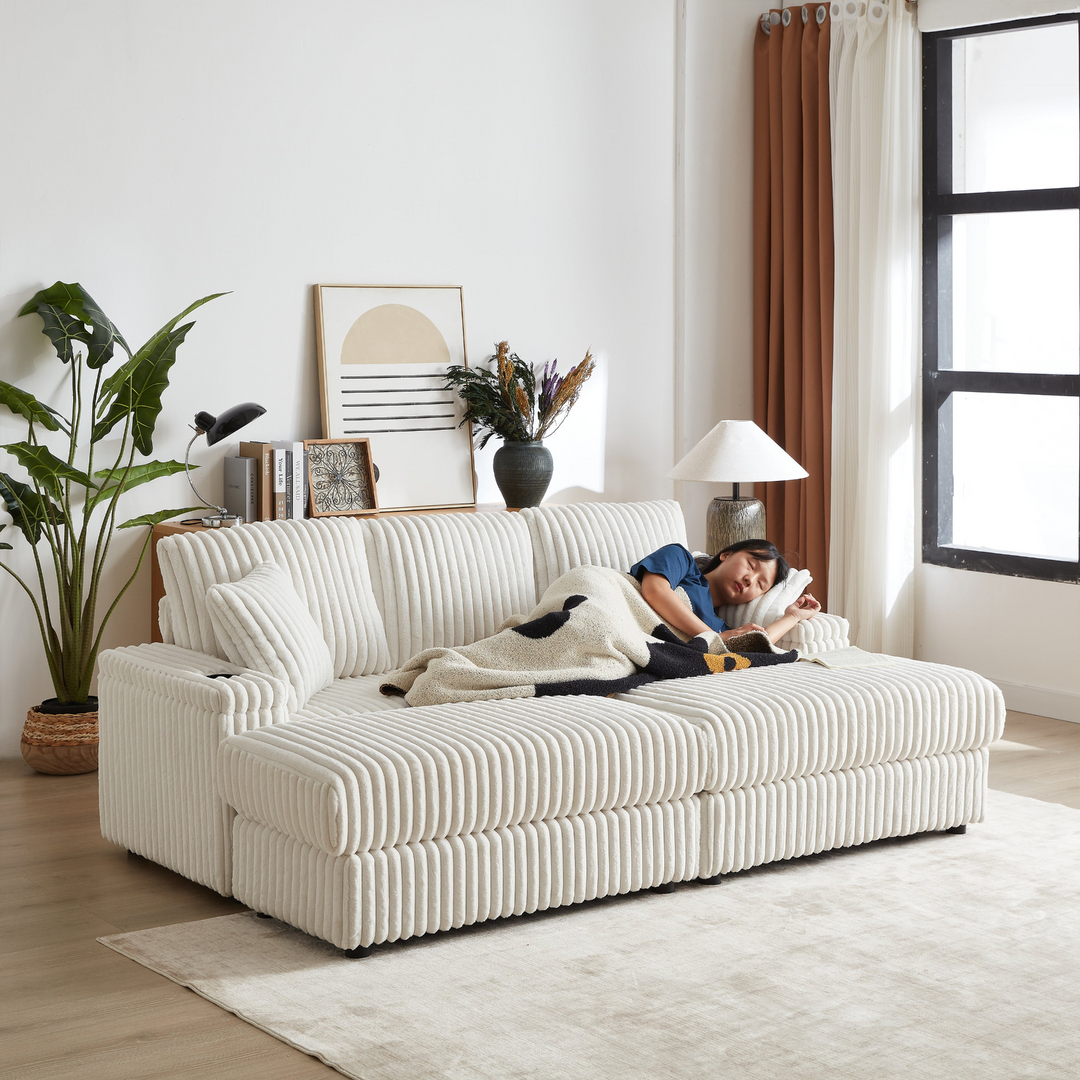 Buy farmhouse furniture Corduroy Comfy Deep-Seat Sofa with Ottoman, Storage and Cup-Holding Grooves - Modern Cottage Farmhouse Furniture