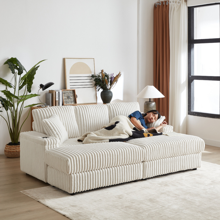 Buy farmhouse furniture Corduroy Comfy Deep-Seat Sofa with Ottoman, Storage and Cup-Holding Grooves - Modern Cottage Farmhouse Furniture