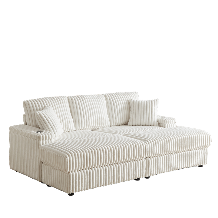 Buy farmhouse furniture Corduroy Comfy Deep-Seat Sofa with Ottoman, Storage and Cup-Holding Grooves - Modern Cottage Farmhouse Furniture