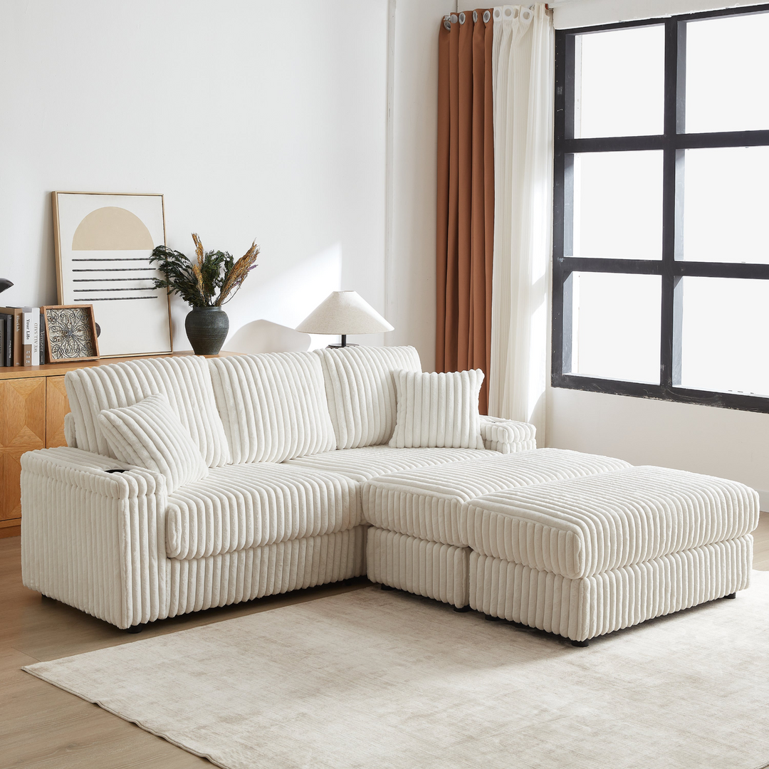 Buy farmhouse furniture Corduroy Comfy Deep-Seat Sofa with Ottoman, Storage and Cup-Holding Grooves - Modern Cottage Farmhouse Furniture