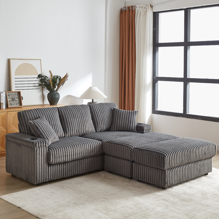 Buy farmhouse furniture Corduroy Comfy Deep-Seat Sofa with Ottoman, Storage and Cup-Holding Grooves - Modern Cottage Farmhouse Furniture