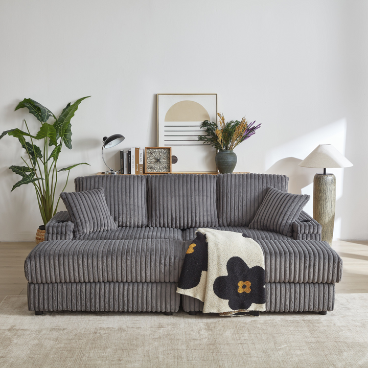 Buy farmhouse furniture Corduroy Comfy Deep-Seat Sofa with Ottoman, Storage and Cup-Holding Grooves - Modern Cottage Farmhouse Furniture
