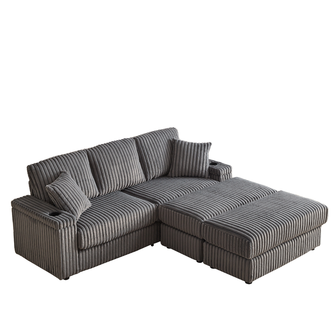 Buy farmhouse furniture Corduroy Comfy Deep-Seat Sofa with Ottoman, Storage and Cup-Holding Grooves - Modern Cottage Farmhouse Furniture