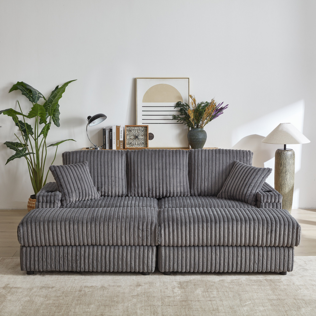 Buy farmhouse furniture Corduroy Comfy Deep-Seat Sofa with Ottoman, Storage and Cup-Holding Grooves - Modern Cottage Farmhouse Furniture