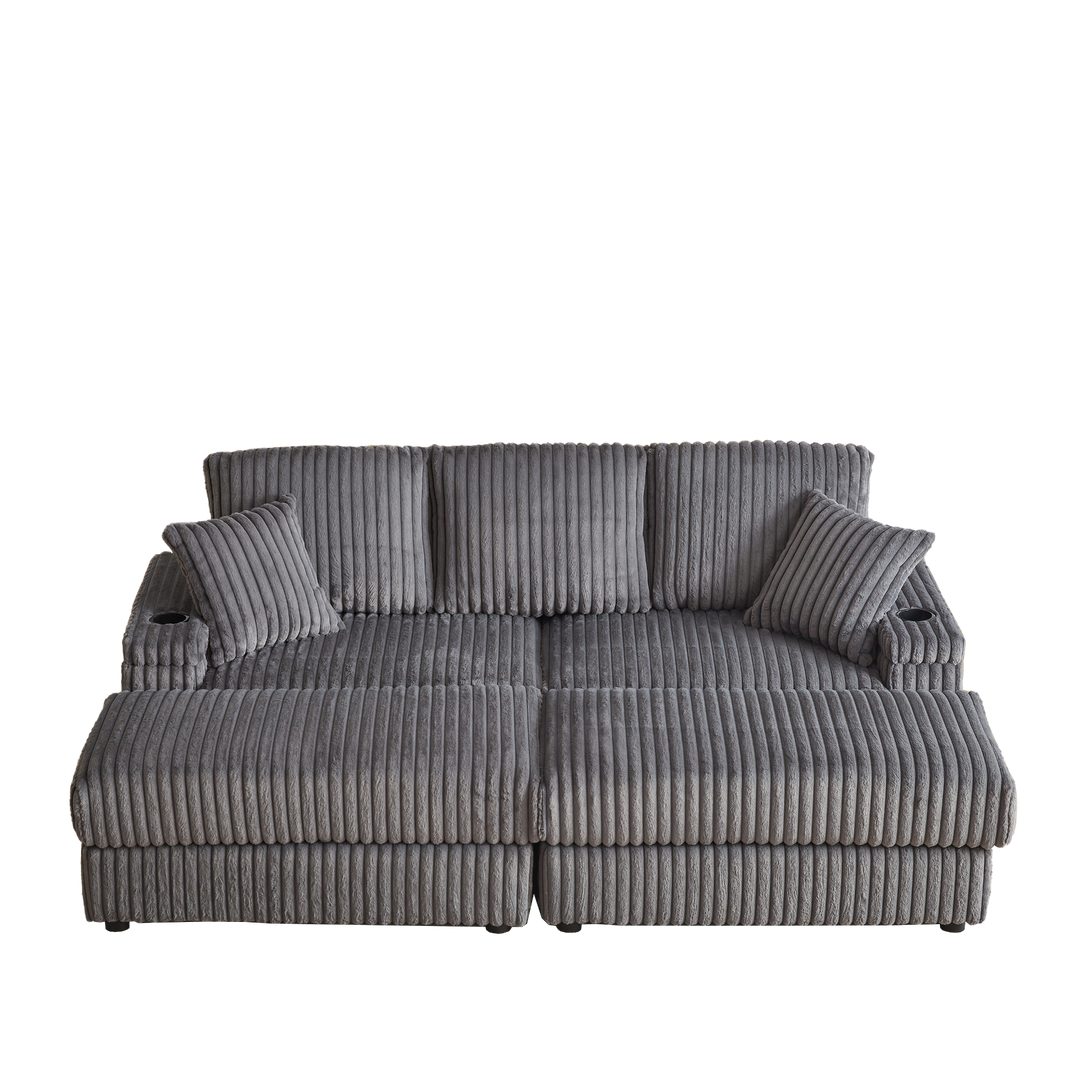 Buy farmhouse furniture Corduroy Comfy Deep-Seat Sofa with Ottoman, Storage and Cup-Holding Grooves - Modern Cottage Farmhouse Furniture