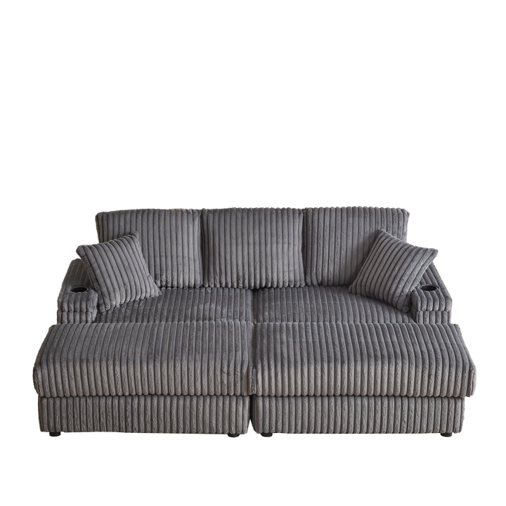 Buy farmhouse furniture Corduroy Comfy Deep-Seat Sofa with Ottoman, Storage and Cup-Holding Grooves - Modern Cottage Farmhouse Furniture