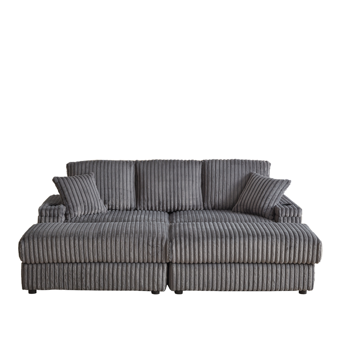 Buy farmhouse furniture Corduroy Comfy Deep-Seat Sofa with Ottoman, Storage and Cup-Holding Grooves - Modern Cottage Farmhouse Furniture