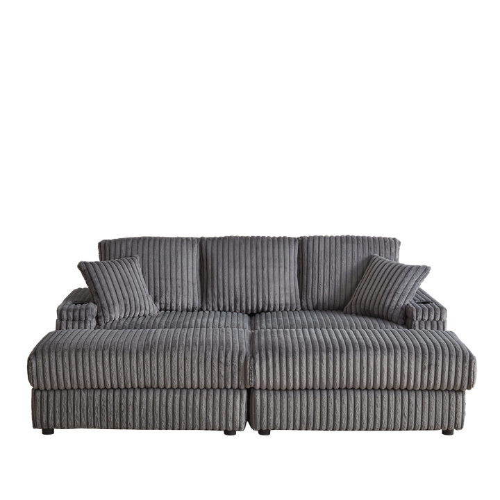 Buy farmhouse furniture Corduroy Comfy Deep-Seat Sofa with Ottoman, Storage and Cup-Holding Grooves - Modern Cottage Farmhouse Furniture