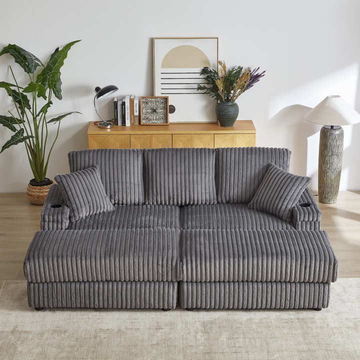 Buy farmhouse furniture Corduroy Comfy Deep-Seat Sofa with Ottoman, Storage and Cup-Holding Grooves - Modern Cottage Farmhouse Furniture