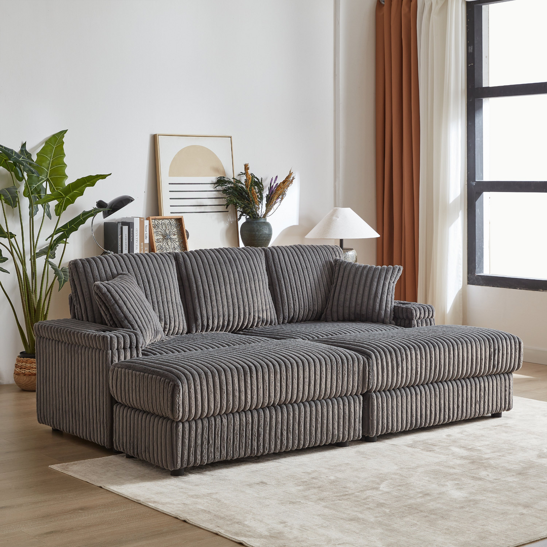 Buy farmhouse furniture Corduroy Comfy Deep-Seat Sofa with Ottoman, Storage and Cup-Holding Grooves - Modern Cottage Farmhouse Furniture