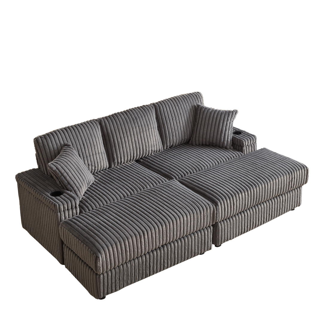 Buy farmhouse furniture Corduroy Comfy Deep-Seat Sofa with Ottoman, Storage and Cup-Holding Grooves - Modern Cottage Farmhouse Furniture
