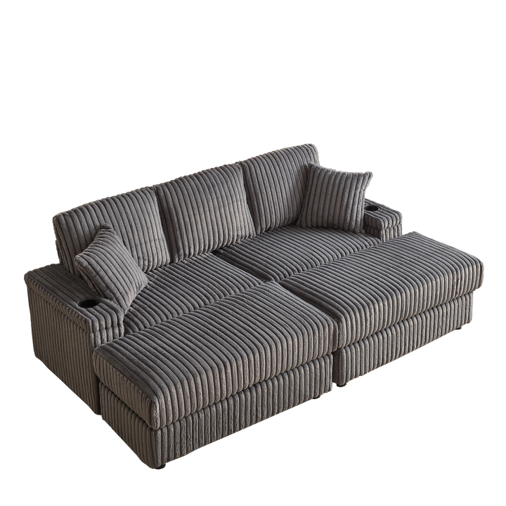 Buy farmhouse furniture Corduroy Comfy Deep-Seat Sofa with Ottoman, Storage and Cup-Holding Grooves - Modern Cottage Farmhouse Furniture