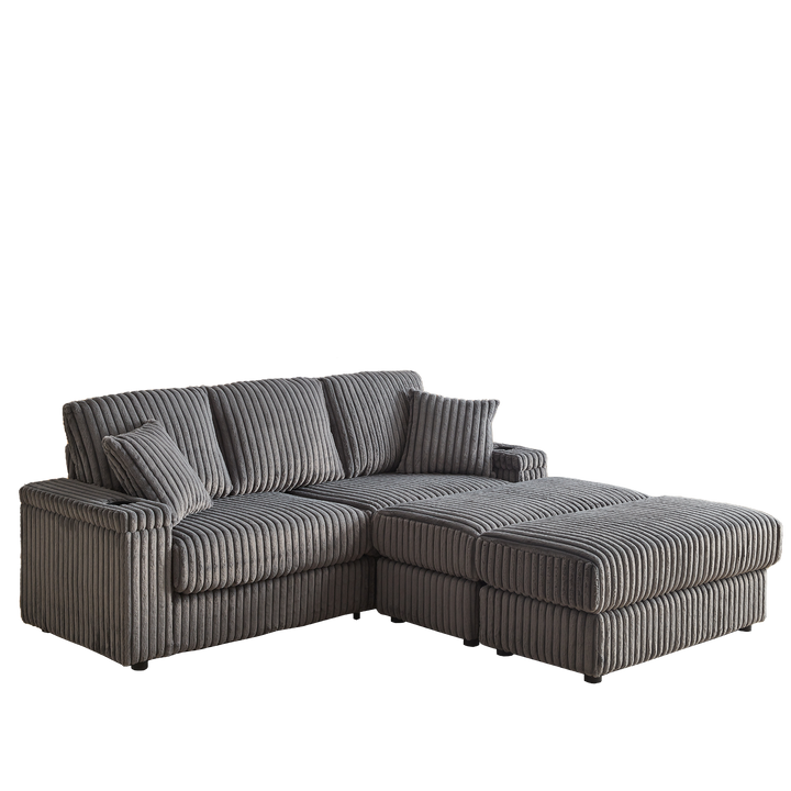 Buy farmhouse furniture Corduroy Comfy Deep-Seat Sofa with Ottoman, Storage and Cup-Holding Grooves - Modern Cottage Farmhouse Furniture