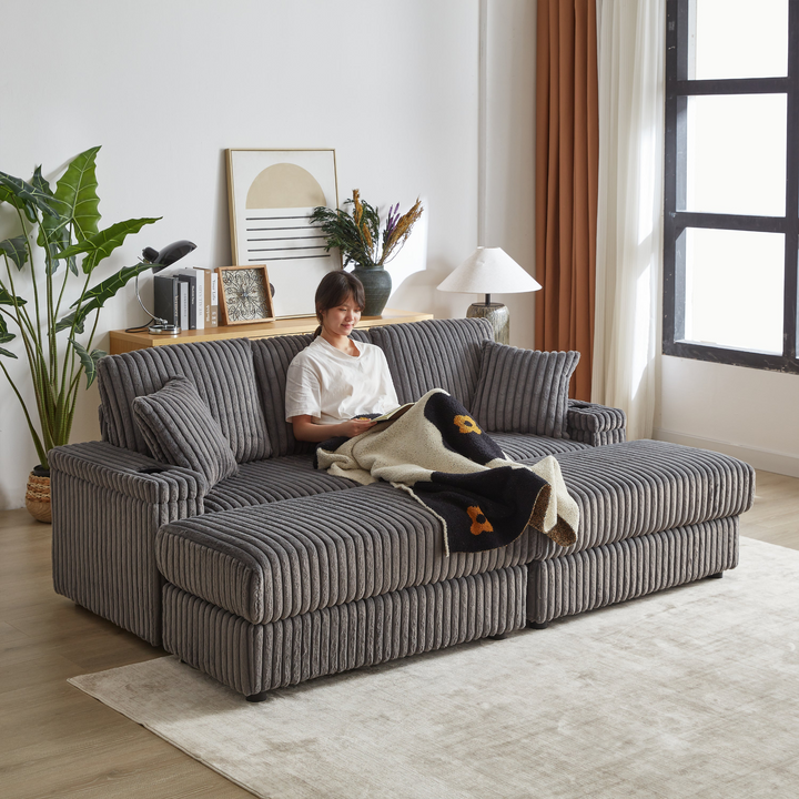 Buy farmhouse furniture Corduroy Comfy Deep-Seat Sofa with Ottoman, Storage and Cup-Holding Grooves - Modern Cottage Farmhouse Furniture