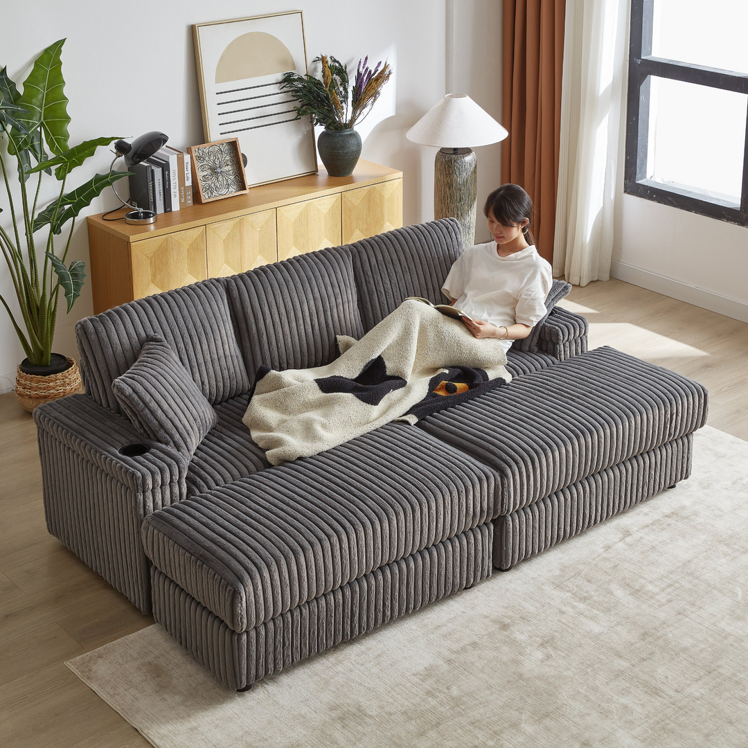 Buy farmhouse furniture Corduroy Comfy Deep-Seat Sofa with Ottoman, Storage and Cup-Holding Grooves - Modern Cottage Farmhouse Furniture