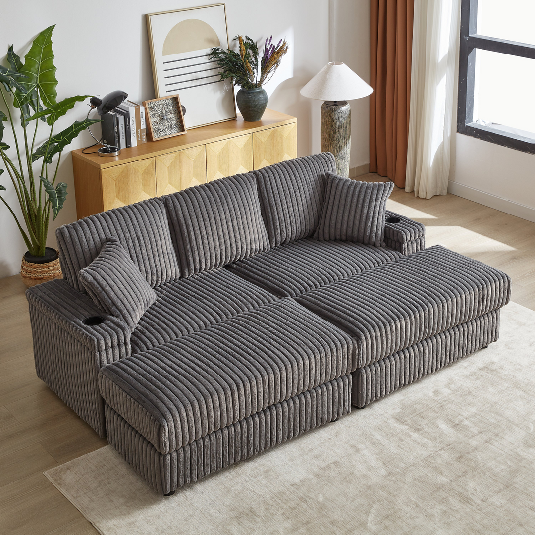 Buy farmhouse furniture Corduroy Comfy Deep-Seat Sofa with Ottoman, Storage and Cup-Holding Grooves - Modern Cottage Farmhouse Furniture