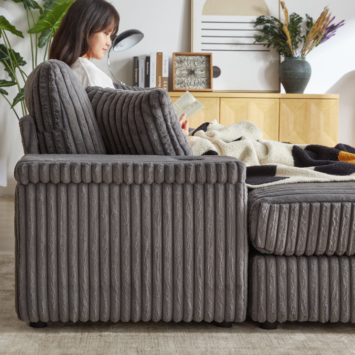 Buy farmhouse furniture Corduroy Comfy Deep-Seat Sofa with Ottoman, Storage and Cup-Holding Grooves - Modern Cottage Farmhouse Furniture