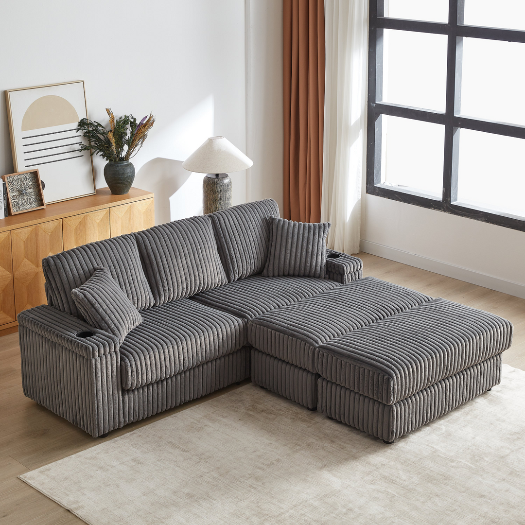 Buy farmhouse furniture Corduroy Comfy Deep-Seat Sofa with Ottoman, Storage and Cup-Holding Grooves - Modern Cottage Farmhouse Furniture