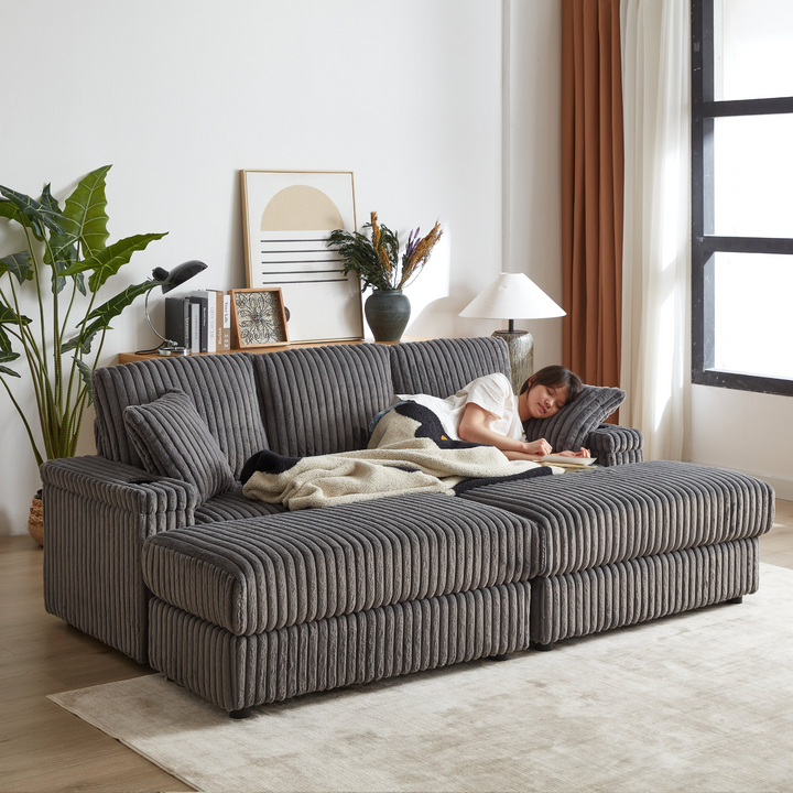 Buy farmhouse furniture Corduroy Comfy Deep-Seat Sofa with Ottoman, Storage and Cup-Holding Grooves - Modern Cottage Farmhouse Furniture