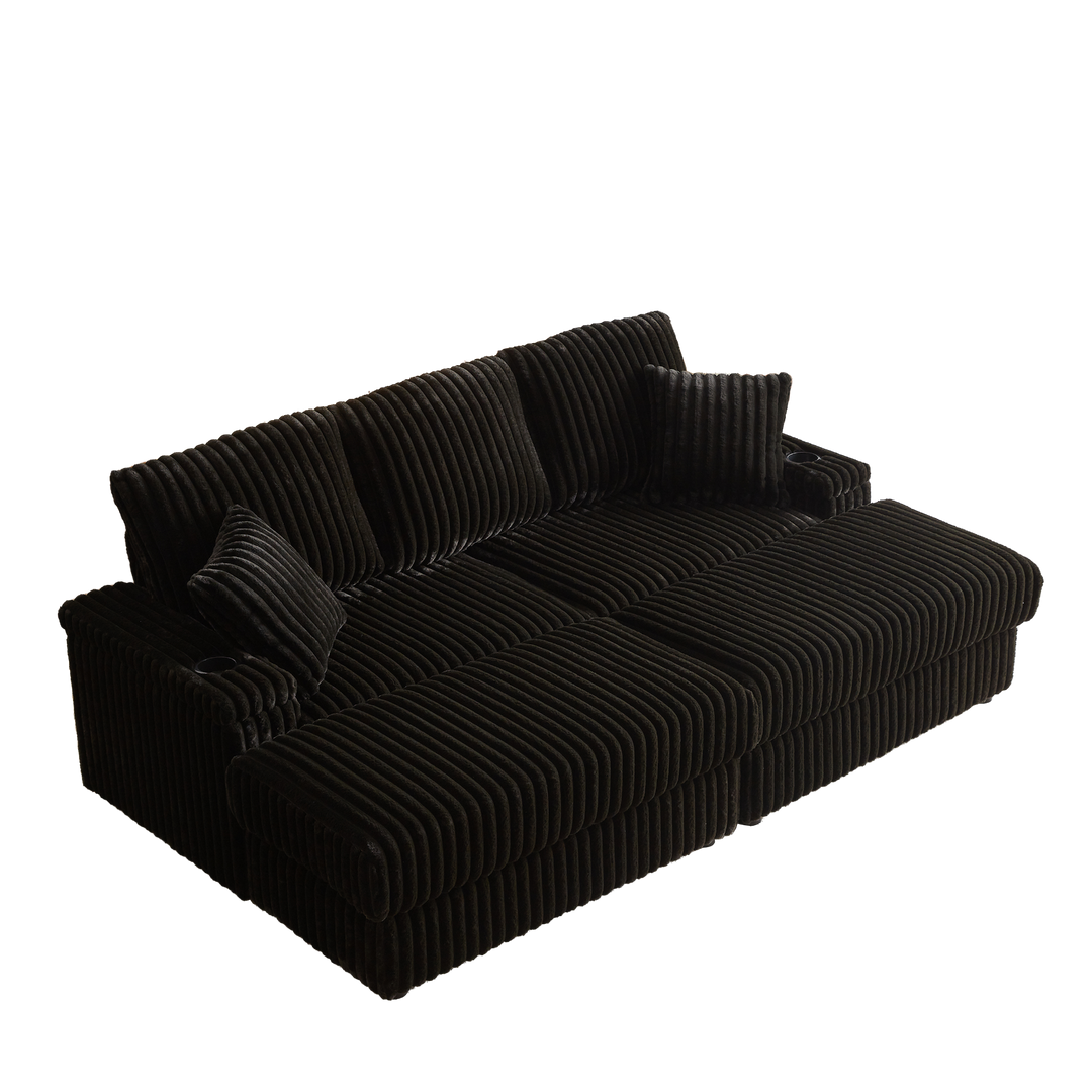 Buy farmhouse furniture Corduroy Comfy Deep-Seat Sofa with Ottoman, Storage and Cup-Holding Grooves - Modern Cottage Farmhouse Furniture